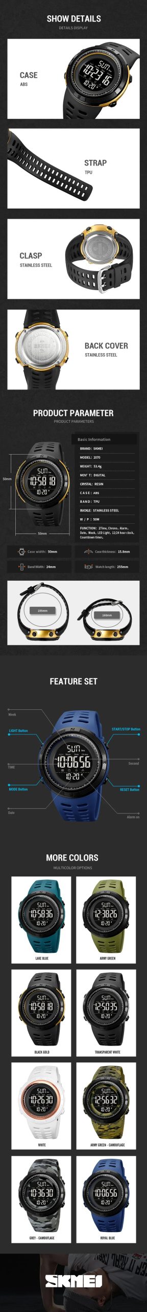 SKMEI 2070 Luxury Sport Digital Watch for Men Waterproof Countdown Electronic Mens Wristwatches Military Clock 1251 Reloj Hombre