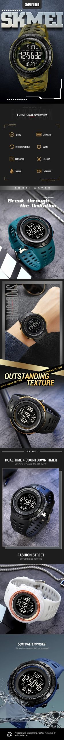 SKMEI 2070 Luxury Sport Digital Watch for Men Waterproof Countdown Electronic Mens Wristwatches Military Clock 1251 Reloj Hombre