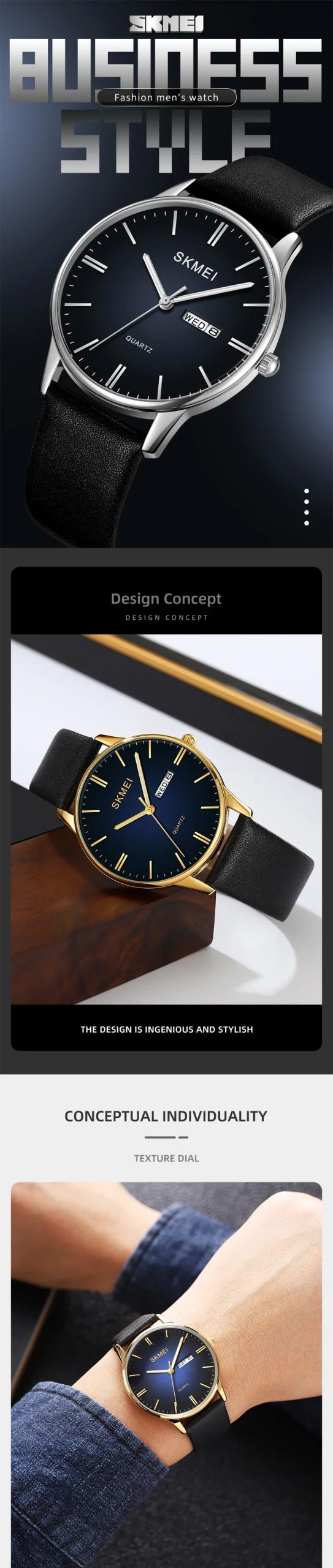 SKMEI 2250 Luxury Sport Waterproof Calendar Week Movement Mens Wristwatches Leather Strap Quartz Watch for Men Reloj Hombre 1991