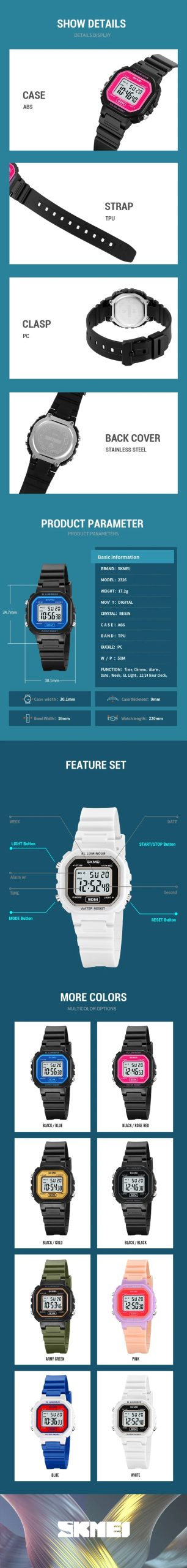 SKMEI 2326 Luxury Waterproof Sports Countdown LED Display Digital Watch for Women Shockproof Womens Wristwatches Reloj Mujer