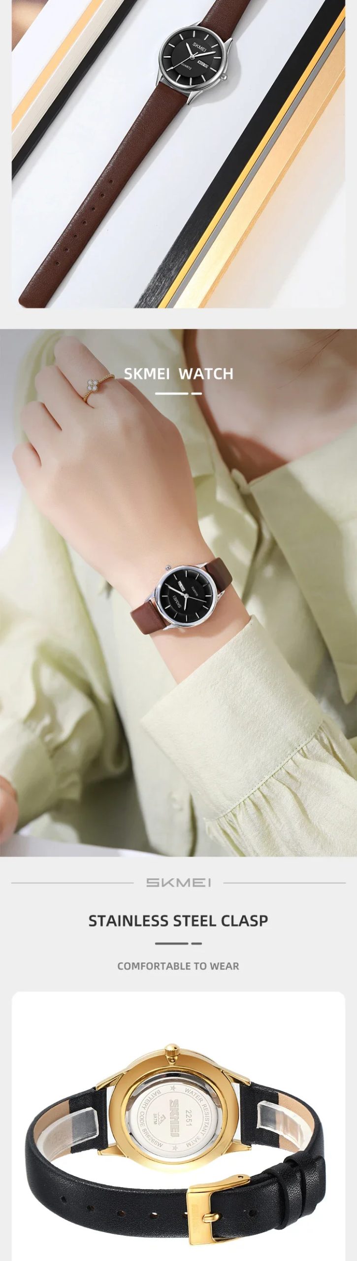 SKMEI 2251 Luxury Waterproof Fashion Sports Genuine All-match Watches for Women Leather Strap Date Display Womens Wristwatches