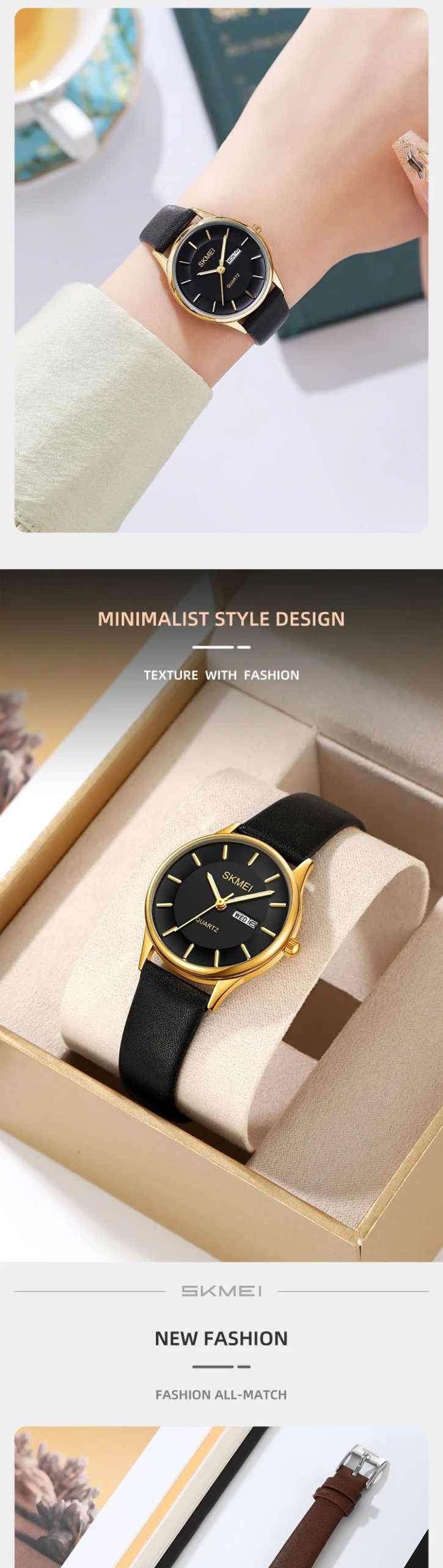 SKMEI 2251 Luxury Waterproof Fashion Sports Genuine All-match Watches for Women Leather Strap Date Display Womens Wristwatches