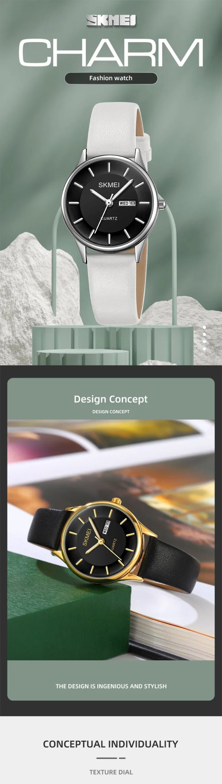 SKMEI 2251 Luxury Waterproof Fashion Sports Genuine All-match Watches for Women Leather Strap Date Display Womens Wristwatches