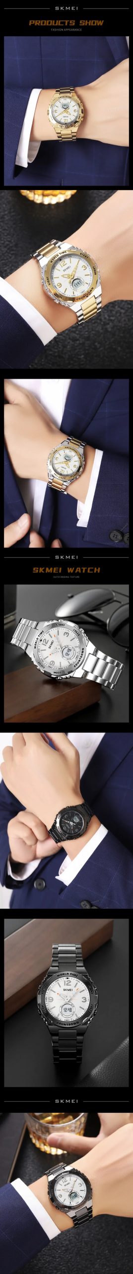 SKMEI 2310 Luxury Digital Stainless Steel Waterproof Sport Quartz Watch for Men LED Backlight Dual Display Countdown Wristwatch