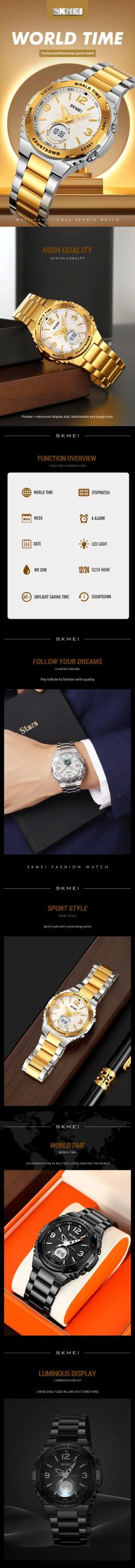 SKMEI 2310 Luxury Digital Stainless Steel Waterproof Sport Quartz Watch for Men LED Backlight Dual Display Countdown Wristwatch