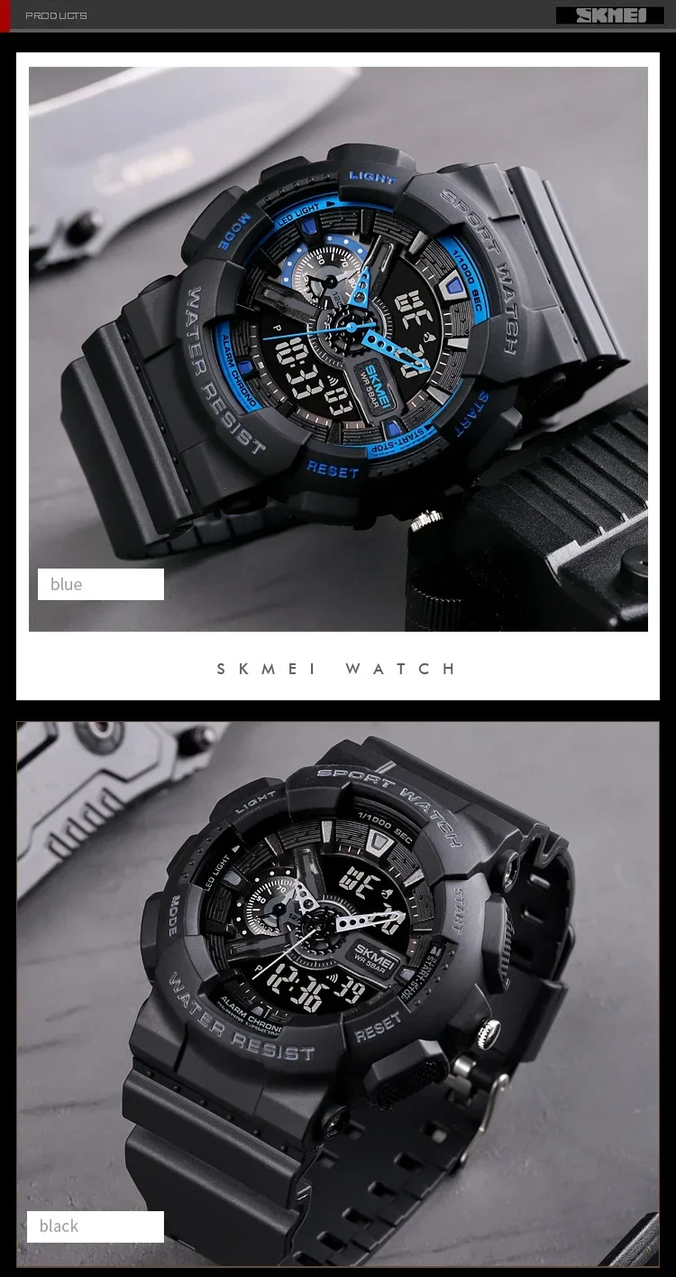 SKMEI 1688 Shockproof Waterproof Dual Display Mens Wristwatches LED Chrono Alarm Clock Sport Digital Watch for Men Reloj Hombre