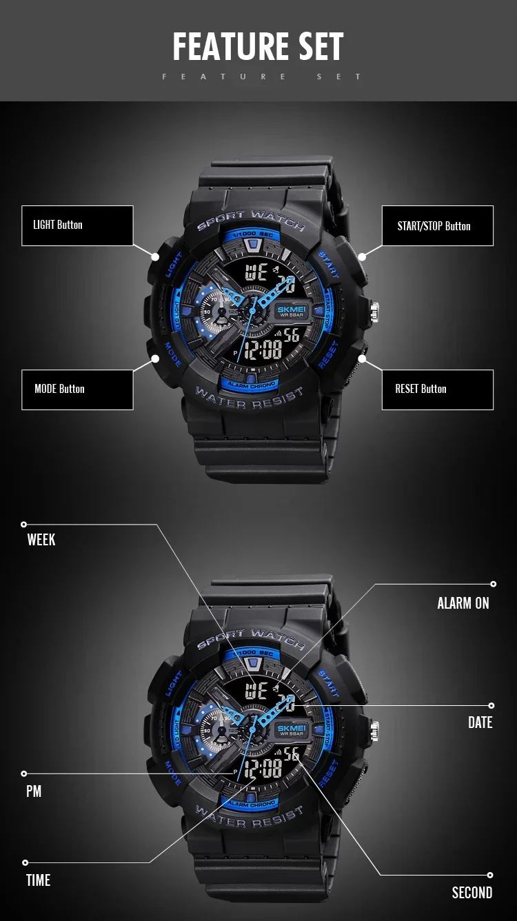 SKMEI 1688 Shockproof Waterproof Dual Display Mens Wristwatches LED Chrono Alarm Clock Sport Digital Watch for Men Reloj Hombre