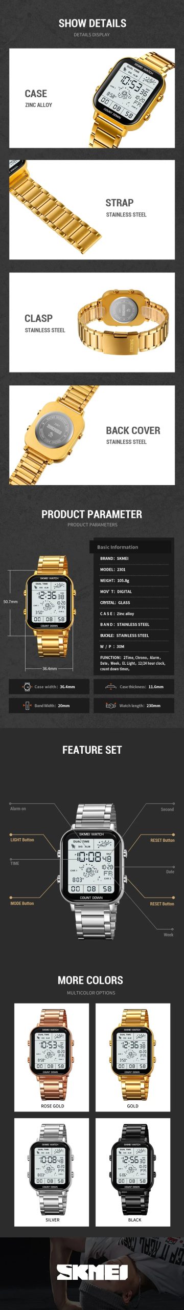 SKMEI 2301 Luxury Waterproof Sports Digital Watches for Men Stainless Steel Shockproof Mens Wristwatches 1888 Reloj Para Hombre