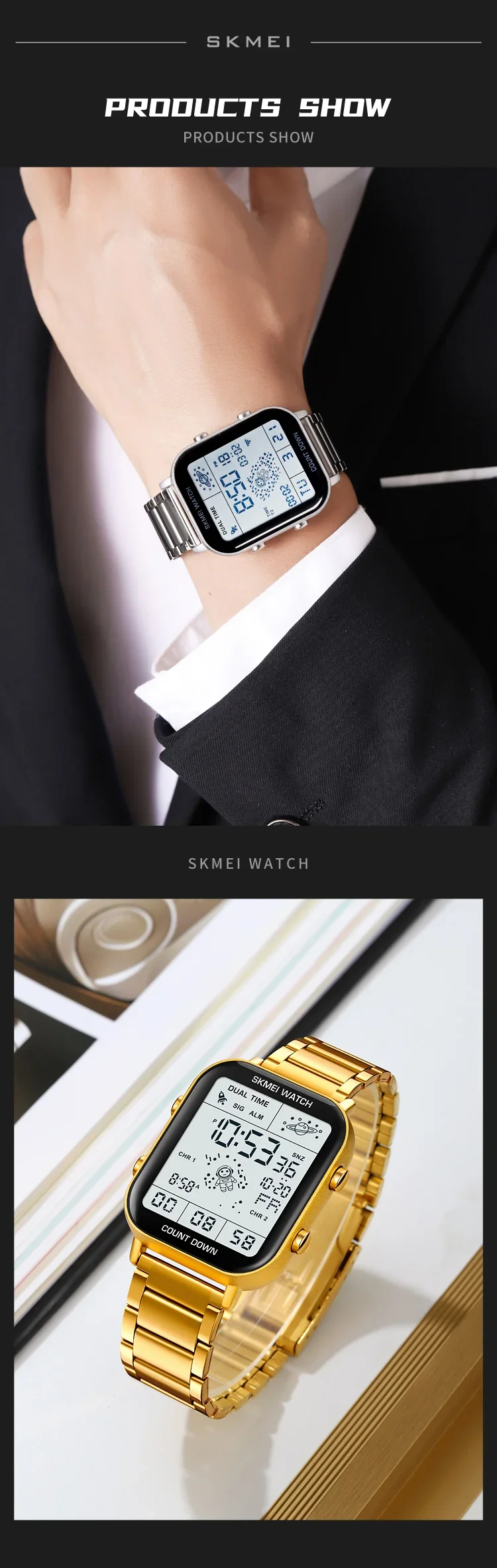 SKMEI 2301 Luxury Waterproof Sports Digital Watches for Men Stainless Steel Shockproof Mens Wristwatches 1888 Reloj Para Hombre