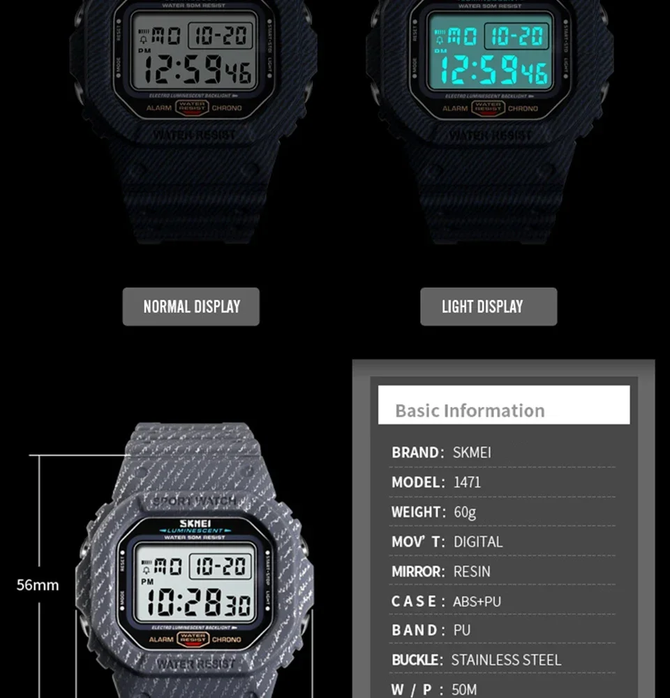 SKMEI 1471 Square Waterproof Electronic SportS Mens Wristwatch Military LED Digital Watch for Men Alarm Clock 1628 Reloj Hombre