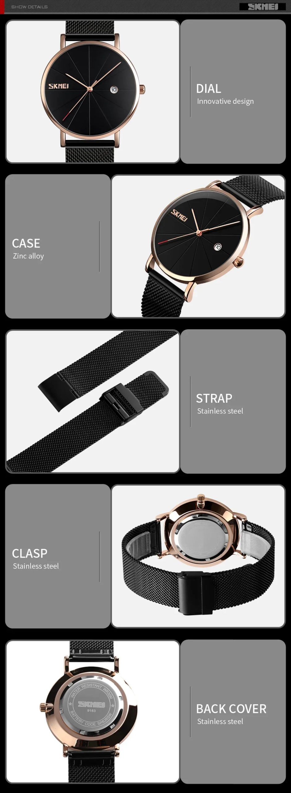 SKMEI 9183 Luxury Stainless Steel Sport Waterproof Mens Wristwatches 3D Dial Quartz Watch for Men Relogio Masculino Shockproof