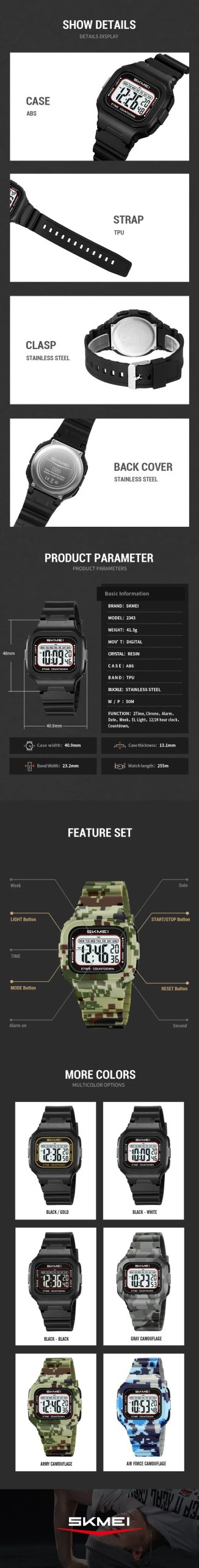 SKMEI 2343 Military Waterproof Digital Watch for Men Sports Shockproof Mens Wristwatches LED Didplay Alarm Clock Reloj Hombre SKMEI 2343 Military Waterproof Digital Watch for Men Sports Shockproof Mens Wristwatches LED Didplay Alarm Clock Reloj Hombre
