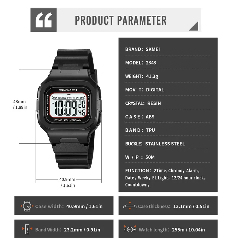 Skmei 2343 Military Digital Sports Watch with LED Display and Alarm (Waterproof) Skmei 2343 Military Digital Sports Watch with LED Display and Alarm (Waterproof) - Image 6
