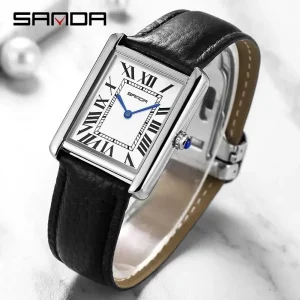 SANDA 9031 Luxury Square Dial Couple Watch with Roman Numerals and Leather Strap (30M Waterproof)