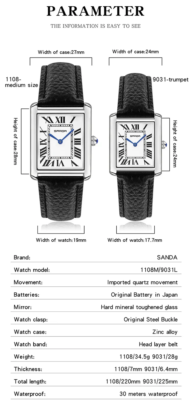 SANDA 9031 Luxury Couple Watch Wear Resistant Leather Strap Square Dial Waterproof Sport Casual Women Men Quartz Watches Relogi SANDA 9031 Luxury Couple Watch Wear Resistant Leather Strap Square Dial Waterproof Sport Casual Women Men Quartz Watches Relogi