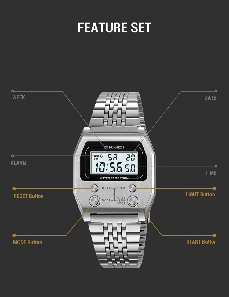 SKMEI Waterproof Digital Watch for Men Stainless Steel Sport Luxury Retro LED Electronic Mens Wristwatches Reloj Hombre SKMEI Waterproof Digital Watch for Men Stainless Steel Sport Luxury Retro LED Electronic Mens Wristwatches Reloj Hombre