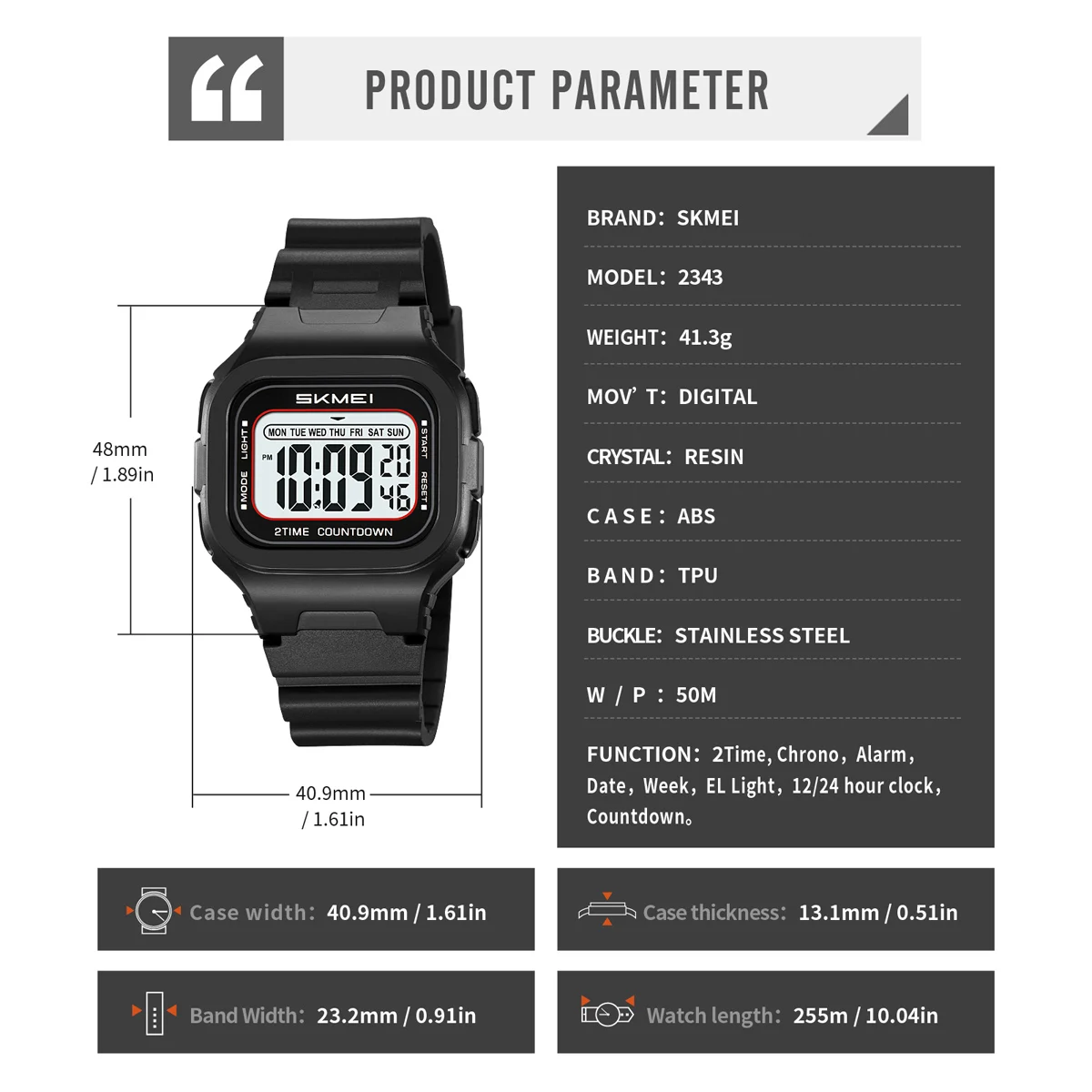 Skmei 2343 Multifunction Digital Sports Watch with Dual Time and Countdown Timer (50M Waterproof) Skmei 2343 Multifunction Digital Sports Watch with Dual Time and Countdown Timer (50M Waterproof) - Image 4