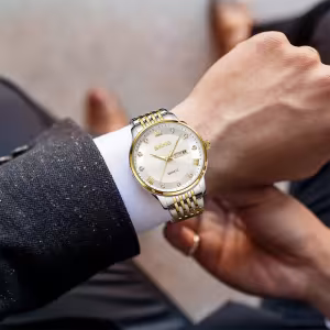 Skmei 7071 Day-Date Business Watch for Men and Women with Gold Tone Dial (3ATM Waterproof)