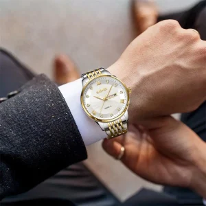 Skmei 7071 Day-Date Business Watch for Men and Women with Gold Tone Dial (3ATM Waterproof)