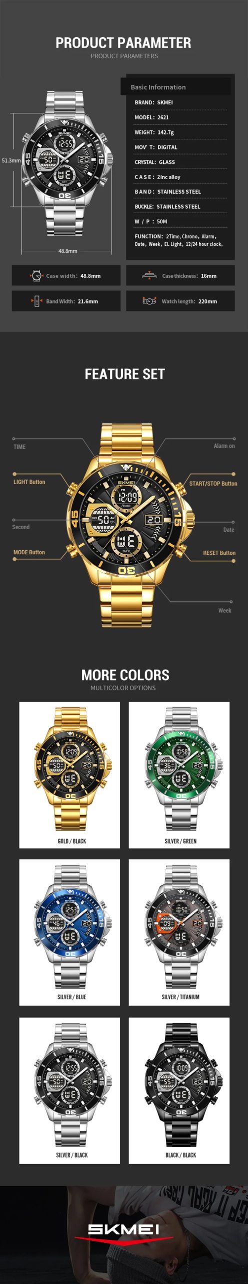 SKMEI 2621 Cool Fashion Quartz Wristwatch 3Bar Waterproof Casual Clock 2Time Date Week Display Digital Stopwatch Countdown Timer SKMEI 2621 Cool Fashion Quartz Wristwatch 3Bar Waterproof Casual Clock 2Time Date Week Display Digital Stopwatch Countdown Timer