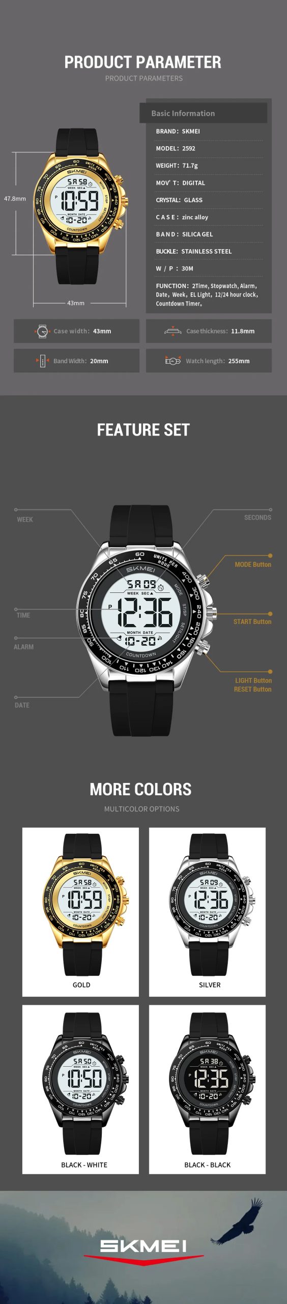 SKMEI 2592 Quartz Wristwatch Male 3Bar Waterproof Fashion Digital Watch Clock Timer Countdown EL For Festival Birthday Gift Men SKMEI 2592 Quartz Wristwatch Male 3Bar Waterproof Fashion Digital Watch Clock Timer Countdown EL For Festival Birthday Gift Men