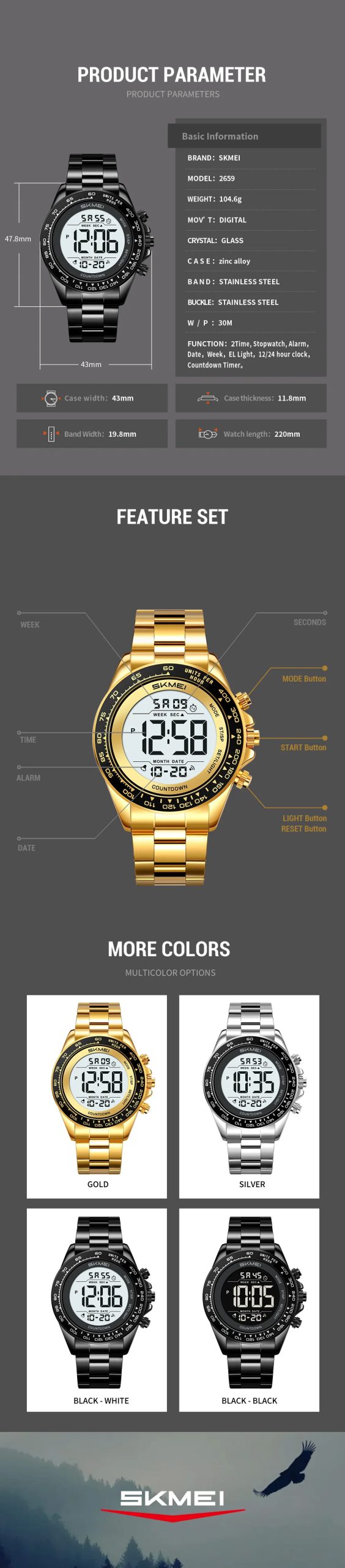 SKMEI 2659 Digital Electronic Watch Fashion Waterproof Wristwatch Business EL Light Countdown Timer For Festival Birthday Gift SKMEI 2659 Digital Electronic Watch Fashion Waterproof Wristwatch Business EL Light Countdown Timer For Festival Birthday Gift